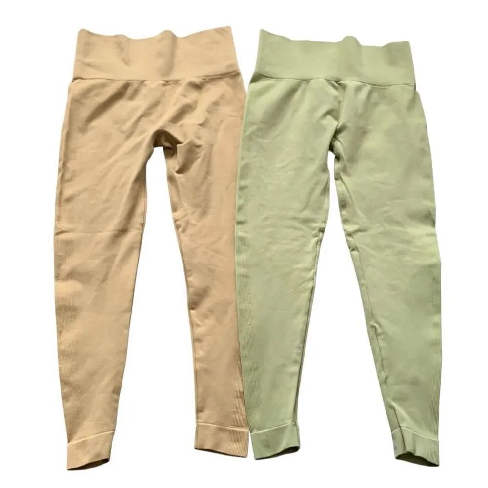 2 SET ACTIVE green yellow Airluxe Sporty Ribbed Leggings Set Lot sz M